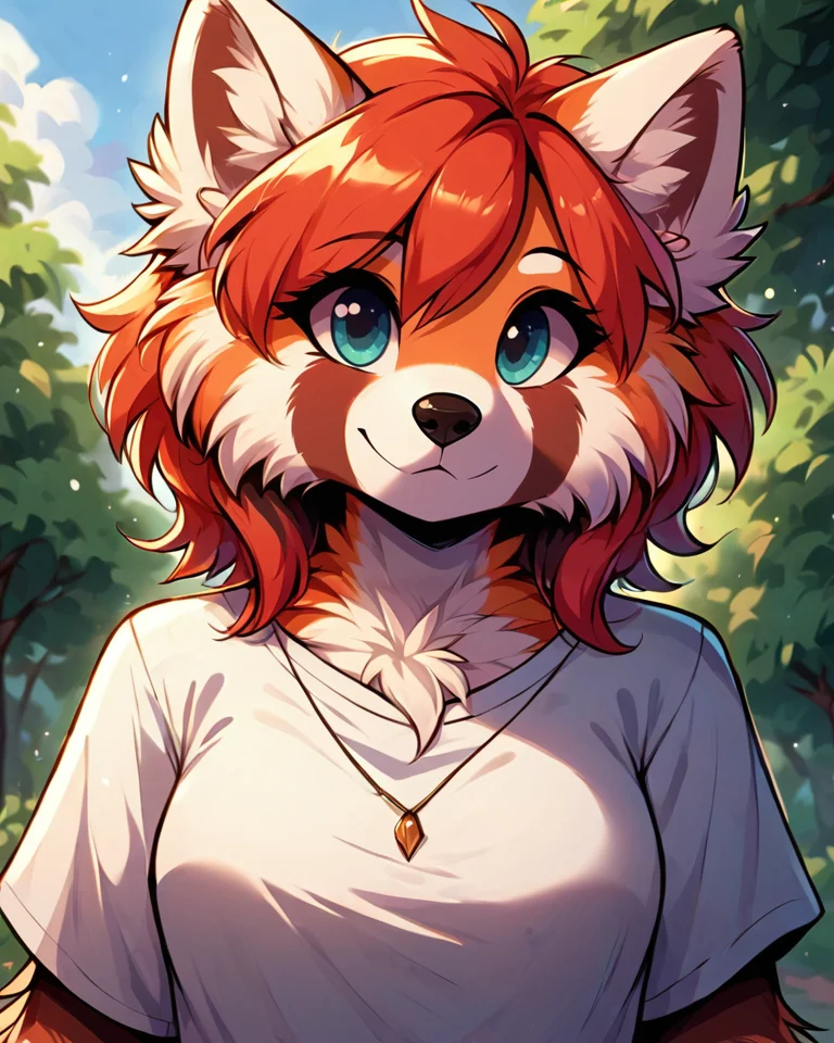 score 9, score 8 up, 1girl, masterpiece, <lora:MegaFluffyPonyV2:1> megafluffypony, fluffy, furry, Red panda, medium shot, outdoors, clothes