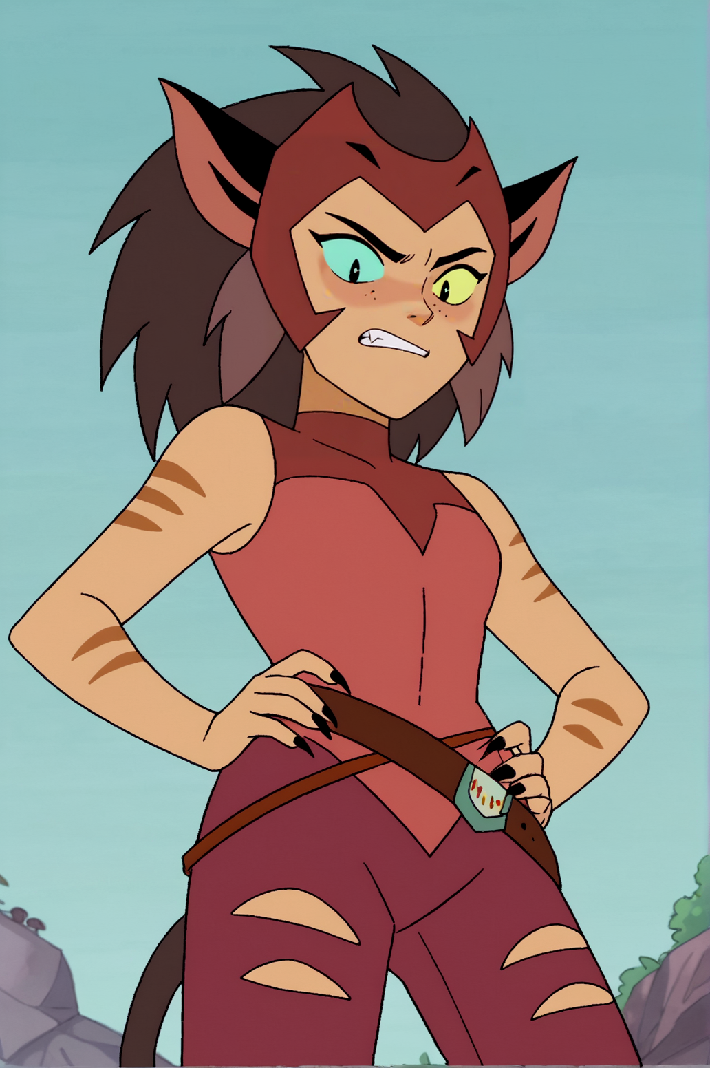 score_9, score_8_up, score_7_up,anime_source, source_anime, best background, detailed background, anime screencap,  Catra, Main Outfit, cowboy shot, blush, naughty face, outdoors, dynamic angle, dynamic camera, tsundere, from below, hands on hips,  <lora:JN_Catra:0.8>