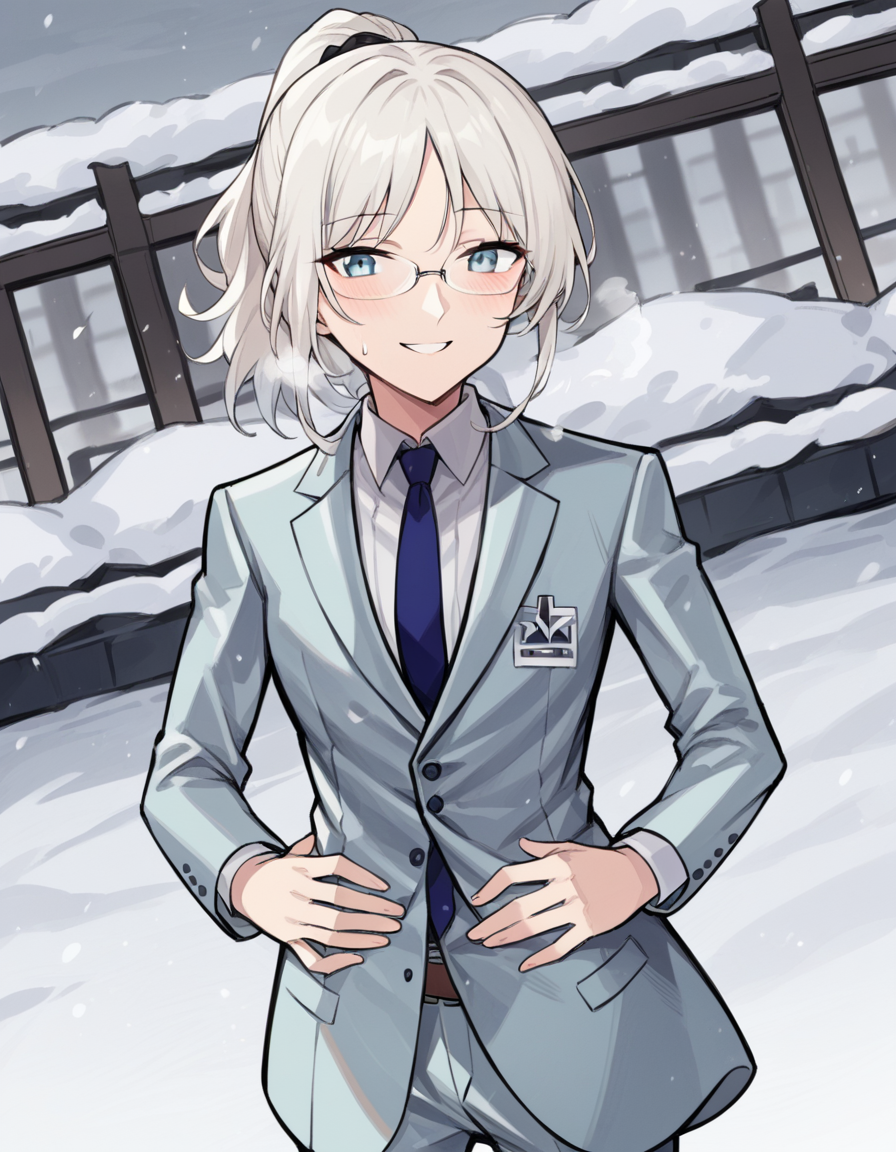 score_9, score_8_up, score_7_up, source_anime, <lora:girlsfrontline-an-94-ponyxl-lora-nochekaiser:1>, an-94, an-94 (girl's frontline), long hair, blue eyes, white hair,, aqua jacket, aqua pants, belt, bespectacled, blue necktie, brown belt, business suit, formal clothes, glasses, jacket, long sleeves, necktie, over-rim eyewear, pants, ponytail, semi-rimless eyewear, shirt, suit, white shirt, snow day, winter clothes, snowball fight, laughter, cold breath, white landscape, smile, hands on stomach, blush,, looking at viewer, solo,, dutch angle, cowboy shot