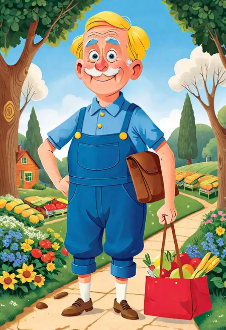 Kid s vector Illustration fullbody of an geppetto tubby old man from pinocchio, bald, grocery two fullbag, (detailed nature background:1.25), by (Richard Scarry:0.75), best quality, 4k textures, ultra detailed