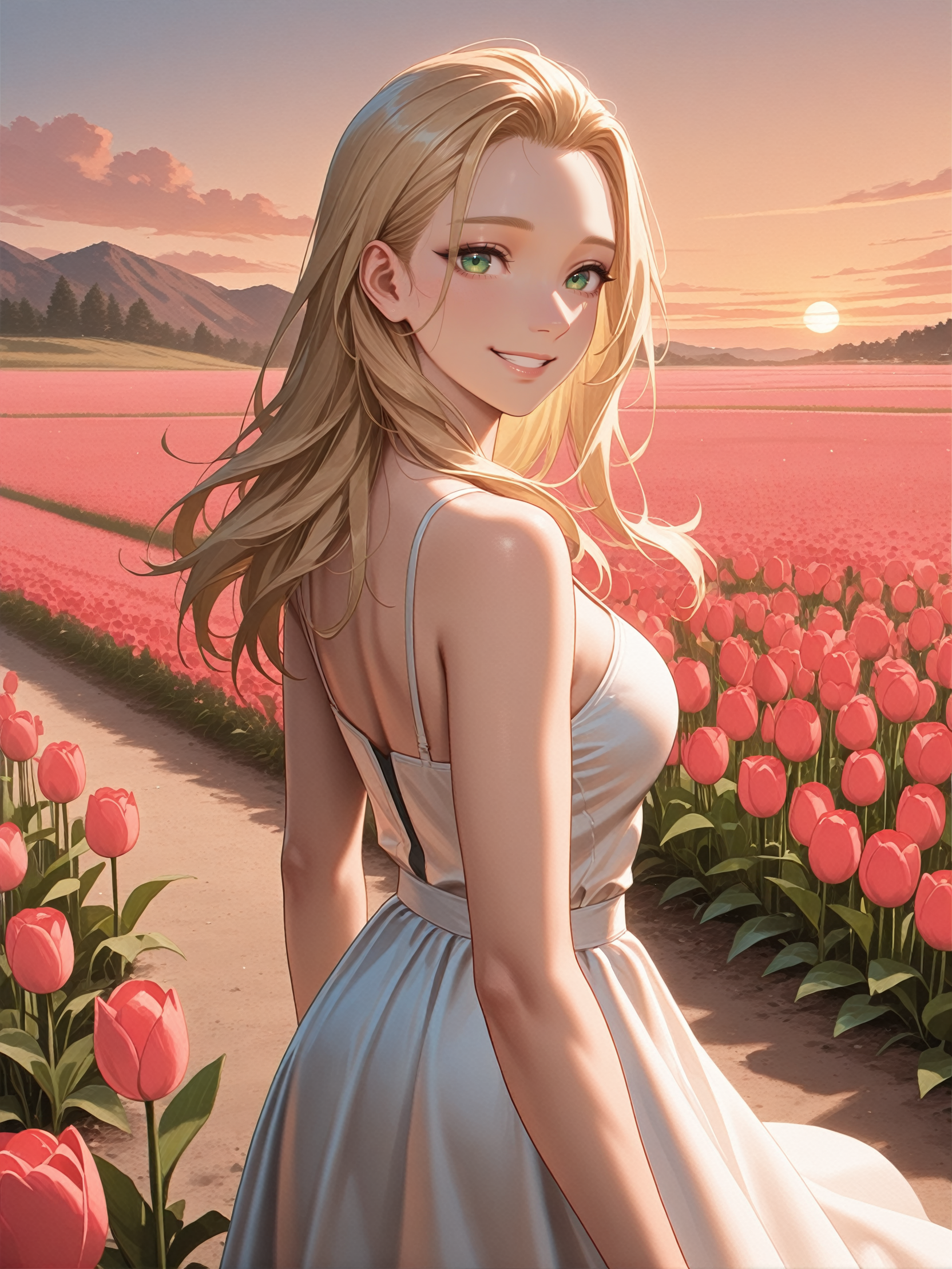 masterpiece, best quality, high resolution, very aesthetic, absurdres, newest, professional, high-quality, detailed eyes,
<lora:ILCPAlt:1.0>
CPAlt, 1girl, long hair, blonde hair, green eyes, looking at viewer, in a field of tulips, golden hour, elegant dress, smiling
