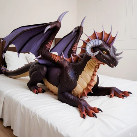 score_9, score_8_up, score_7_up, score_6_up, masterpiece, high quality, realistic, detailed, best quality, 1girl, solo, rating_safe, source_furry, white bed, bedroom, smiling, seductive, looking at viewer, lying on bed, lying on bed, full body, feral, onyxia_wc, dragon, black scales, wings, horns, tail, claws, female, 1girl, yellow sclera, feral