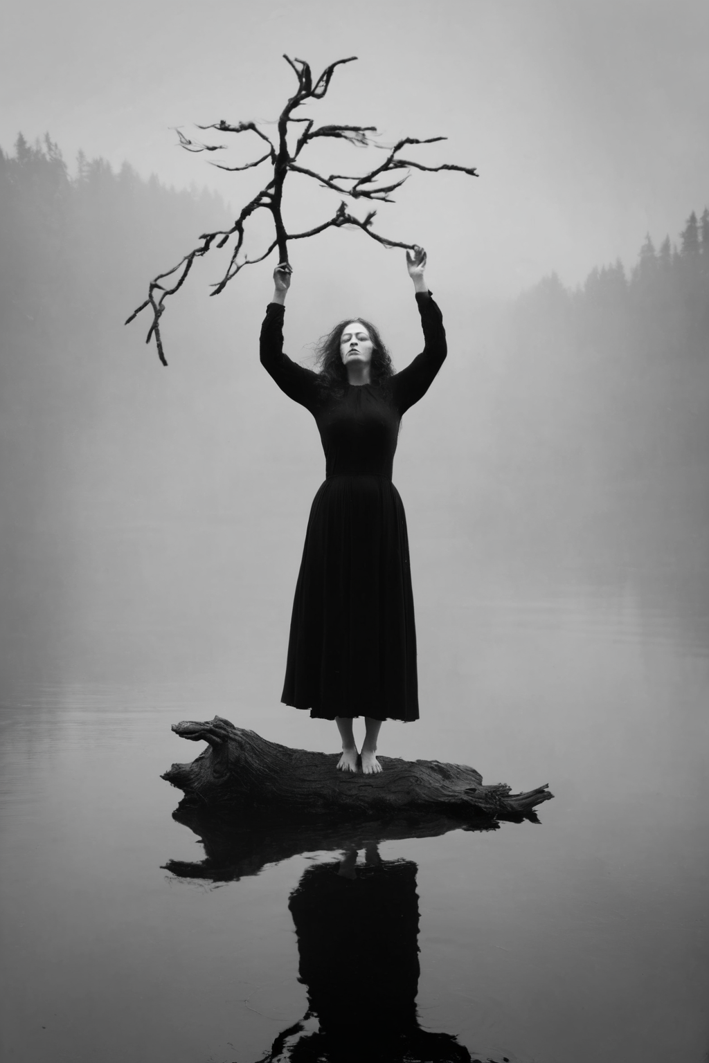 <lora:Photographer Maren Klemp Style:1>Photographer Maren Klemp Style - a woman standing in the middle of a body of water holding a tree branch