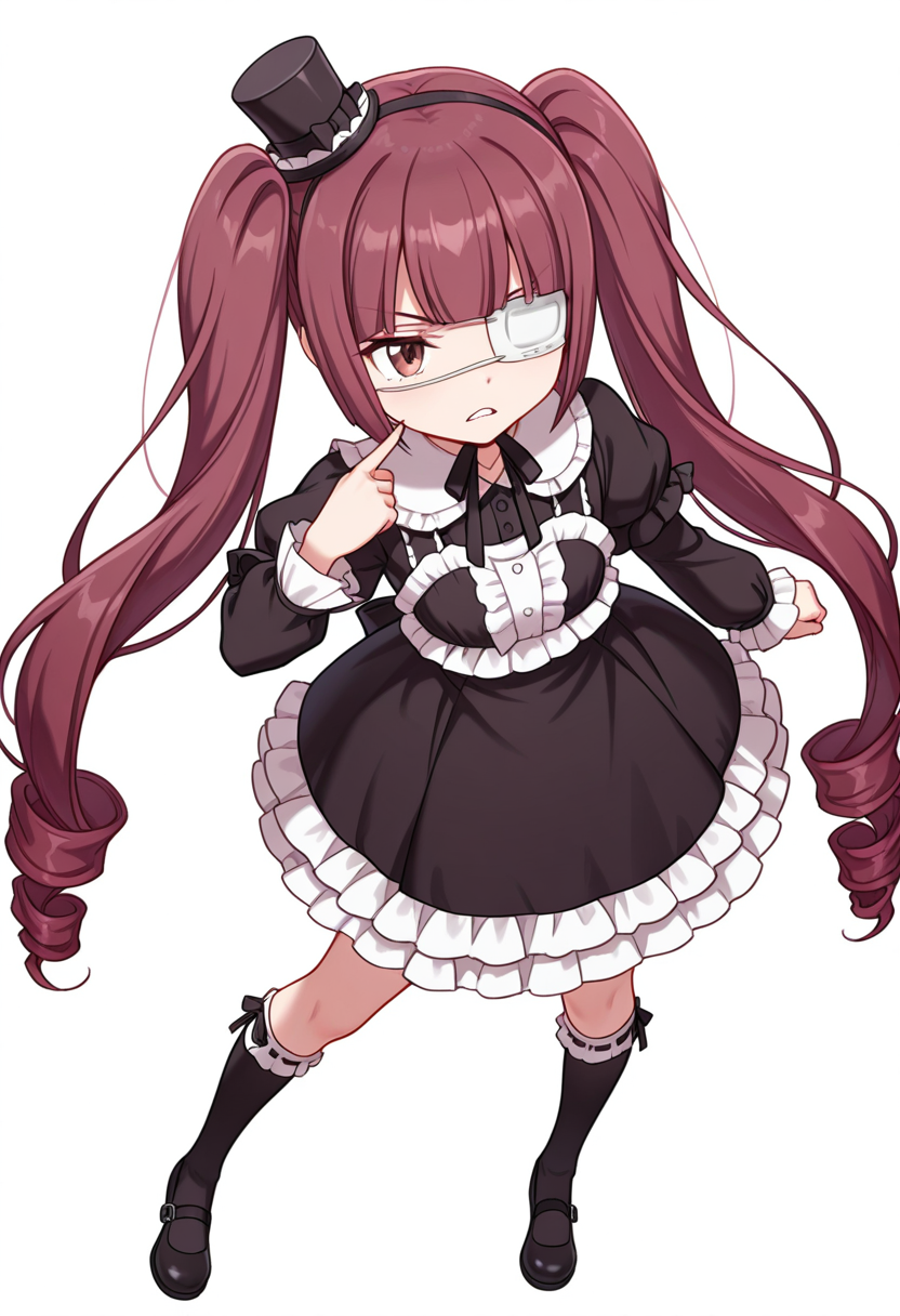 Smooth Quality,masterpiece,very intricate, high quality details, ultra realistic, high detailed skin,detailed enviorement,absurdres,
pointing at self,
 <lora:Hanazono_Yurine_CNR:0.8> yurine_cnr, brown hair,very long hair, brown eyes, medical eyepatch, frown, twintails, drill hair, 
yurine_def_cnr, 1girl, gothic fashion, black dress, frilled dress, long sleeves, mini top hat, black socks, kneehighs, shoes, mary janes, ribbon-trimmed legwear,, simple background, white background, front view,solo,, evil grin,