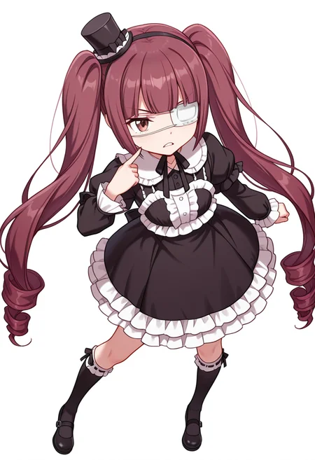 Smooth Quality,masterpiece,very intricate, high quality details, ultra realistic, high detailed skin,detailed enviorement,absurdres,
pointing at self,
<lora:Hanazono_Yurine_CNR:0.8> yurine_cnr, brown hair,very long hair, brown eyes, medical eyepatch, frown, twintails, drill hair,
yurine_def_cnr, 1girl, gothic fashion, black dress, frilled dress, long sleeves, mini top hat, black socks, kneehighs, shoes, mary janes, ribbon-trimmed legwear,, simple background, white background, front view,solo,, evil grin,