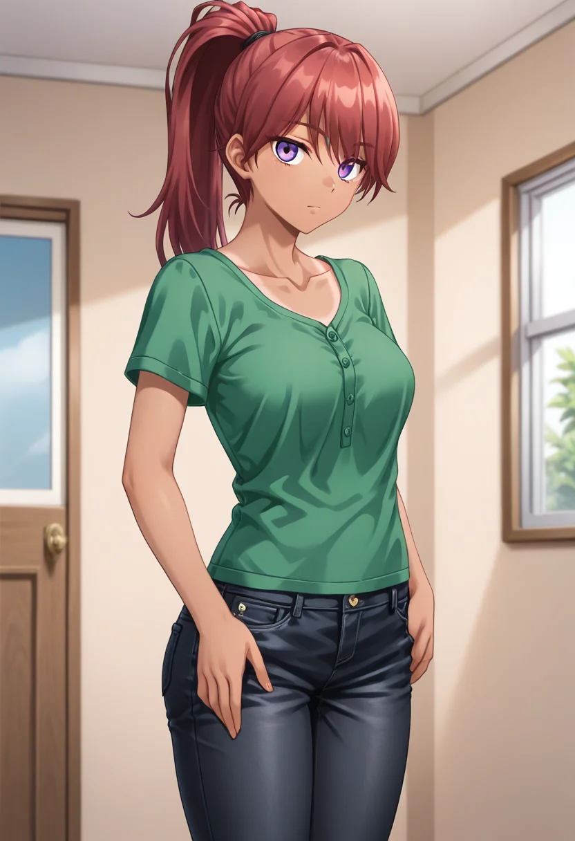 masterpiece, best quality, amazing quality, absurdres, 1girl, solo, cowboy shot, junww, dark skin, dark-skinned female, tan, purple eyes, red hair, long hair, ponytail, medium breasts, casual, collarbone, green shirt, denim, black jeans, looking at viewer, expressionless, indoors, day, skindentation, detailed clothing folds, depth of field, sharp, high contrast, dynamic light <lora:Higuchi_Jun_Otome_Chibaku_Yuug_ill:0.8>