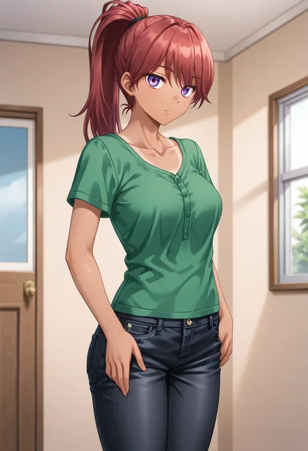 masterpiece, best quality, amazing quality, absurdres, 1girl, solo, cowboy shot, junww, dark skin, dark-skinned female, tan, purple eyes, red hair, long hair, ponytail, medium breasts, casual, collarbone, green shirt, denim, black jeans, looking at viewer, expressionless, indoors, day, skindentation, detailed clothing folds, depth of field, sharp, high contrast, dynamic light <lora:Higuchi_Jun_Otome_Chibaku_Yuug_ill:0.8>