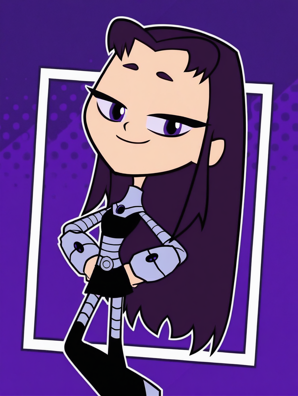 Blackfire, 1gilr, solo, long hair, dark purple hair, purple eyes, purple sclera, pale white skin, bodysuit, purple nail polish, purple eyeliner, black crop top, black miniskirt, thigh boots, armor, grey pantyhose, long sleeves, crop top, thigh boots, miniskirt, bracer, (smile, dutch angle, Hands on hips, naughty pose, looking at viewer, solo, dynamic pose, head tilt,),(( dynamic halftone dot background, stylized background, White frame, Square frame, white outline))