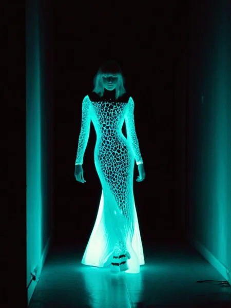 Cinematic fashion photograph Adeera_Addams_P_MXAI_SDXL , sly expression, walking through a dark room, wearing a long (((real-bioluminescent-glowing-style))) dress,