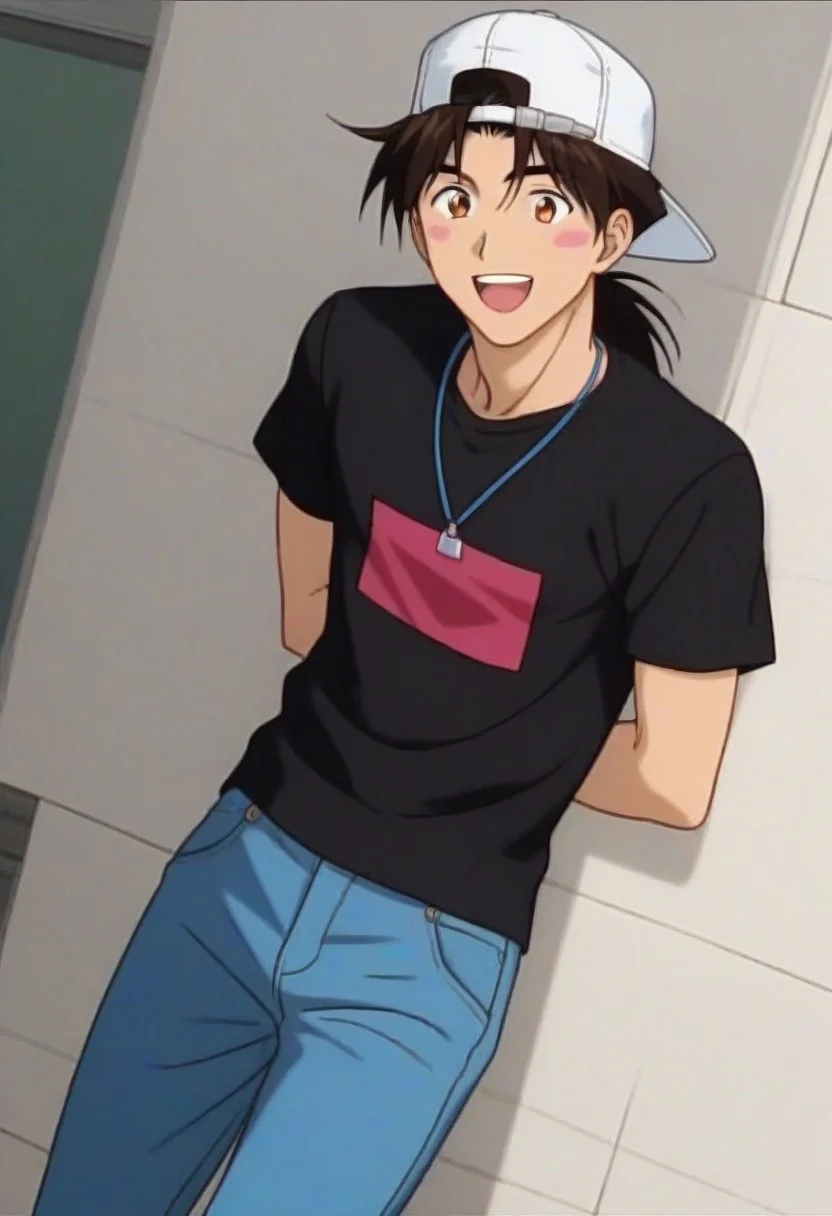 ((masterpiece)), ((best quality)), ((ultra-detailed)), ((absurdres)), score_9_up, score_8_up, score_7_up,
HD, top quality, best quality, amazing quality, High-quality illustrations, anime screencap, source_anime, best aesthetic, perfect proportions, perfect eyes, 1boy, 1male, solo boy, solo male, male focus, solo male focus, Anime, boy, male anime character, anime boy, handsome, attractive, cute, charming, sexy, hot, ((tall, tall body, tall height)), ((lean body, slim body)), easynegative, Expressiveh, neghands, updn, Kintaro Oe, brown hair, ponytail, brown eyes, white cap, backwards cap, black shirt,  blue jeans, outside public, sunny weather, hot weather, ((happy, joyful, bright happy eyes, big eyes)), big smile with teeth, blush stickers on cheeks, ((gentle look, kind look, looking at front, looking at viewer)), ((standing straight))