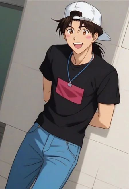 ((masterpiece)), ((best quality)), ((ultra-detailed)), ((absurdres)), score_9_up, score_8_up, score_7_up,
HD, top quality, best quality, amazing quality, High-quality illustrations, anime screencap, source_anime, best aesthetic, perfect proportions, perfect eyes, 1boy, 1male, solo boy, solo male, male focus, solo male focus, Anime, boy, male anime character, anime boy, handsome, attractive, cute, charming, sexy, hot, ((tall, tall body, tall height)), ((lean body, slim body)), easynegative, Expressiveh, neghands, updn, Kintaro Oe, brown hair, ponytail, brown eyes, white cap, backwards cap, black shirt, blue jeans, outside public, sunny weather, hot weather, ((happy, joyful, bright happy eyes, big eyes)), big smile with teeth, blush stickers on cheeks, ((gentle look, kind look, looking at front, looking at viewer)), ((standing straight))