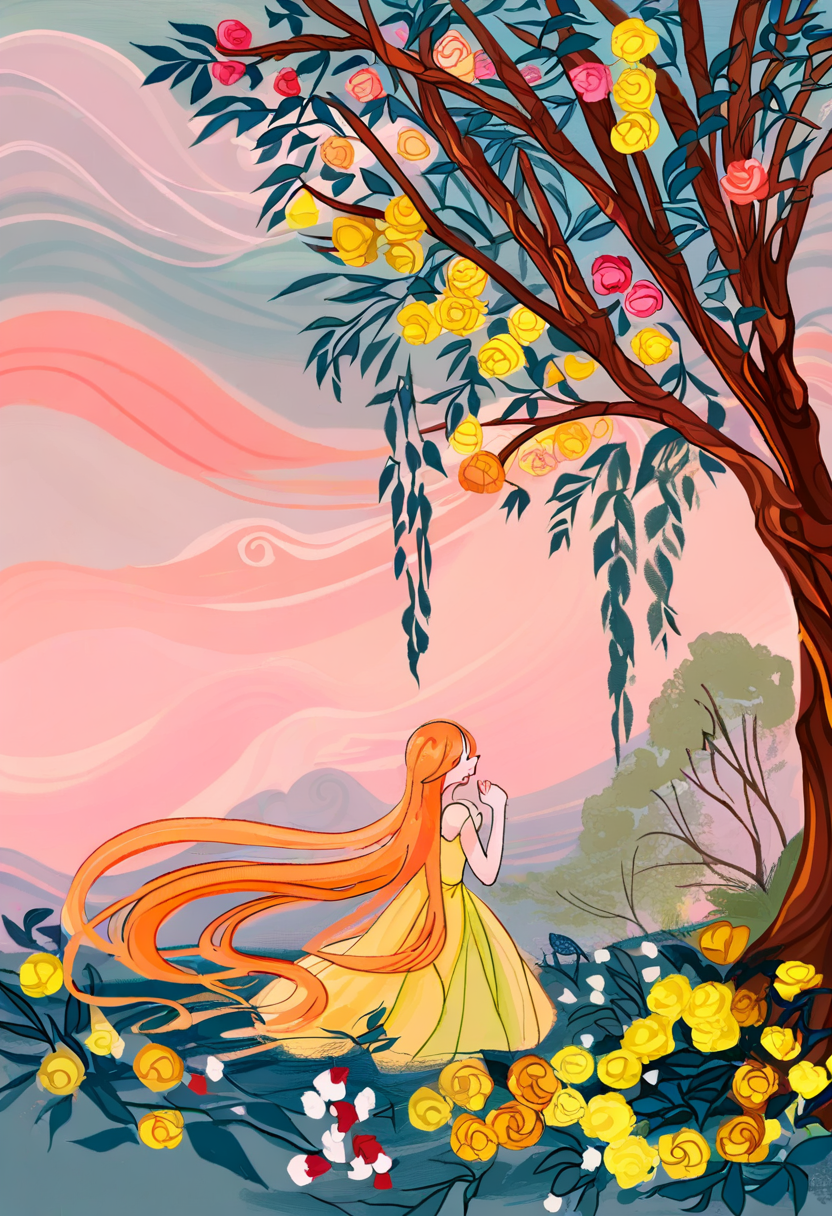 1girl, flower, long hair, solo, tree, yellow flower, dress, closed eyes, plant, very long hair, rose, leaf, yellow rose, cloud, orange hair <lora:cqtlatteXL_NBVP1_lokr_V6311P:0.95>
