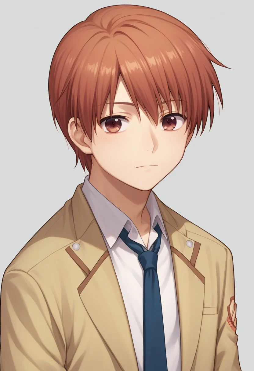 score_9, score_8_up, score_7_up, source_anime, highly detailed,
yuzuru, 1boy, school uniform, male focus, solo, brown eyes, necktie, shinda sekai sensen uniform, red hair, red eyes, upper body,