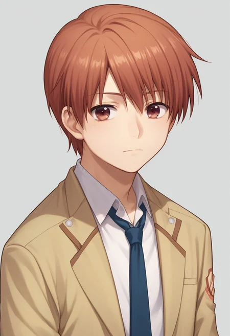 score_9, score_8_up, score_7_up, source_anime, highly detailed,
yuzuru, 1boy, school uniform, male focus, solo, brown eyes, necktie, shinda sekai sensen uniform, red hair, red eyes, upper body,
