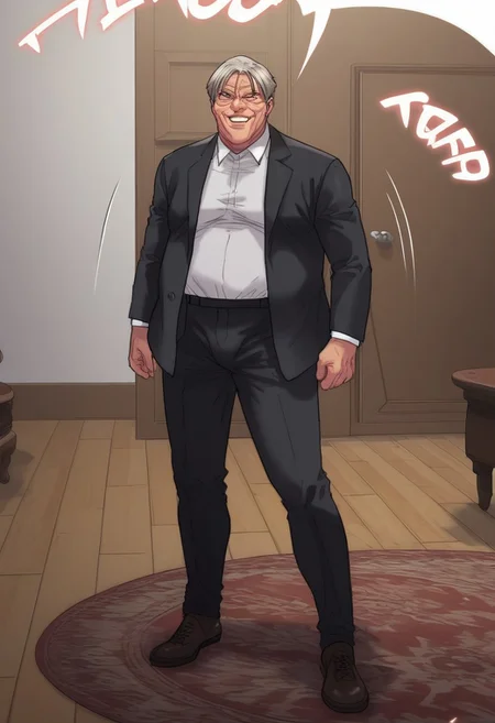 score_9, score_8_up, score_8_up, 1boy (old man, wearing black suit, white collared shirt underneath), man standing in doorway, lit doorway, door slamming open, wooden brown door, full body view, man smirking, man opening door, badass, solo male, close up on mans face, high resolution,
man flanked by two twin Inuyashiki, Yakuza, Inuyashiki wearing tuxedos,
indoor setting, indoors,night,carpet,stage,stripper pole,curtains,table,l
pink theme,pink light,pink neon stage, gothicPXL