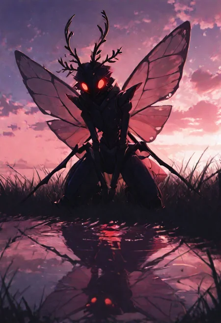 masterpiece, best quality, good quality, newest, highres, absurdres, anthro deer kneeling by water  
BREAK  
(4k, 8k, Ultra HD), cloudy warped reflection, cool shadowed lighting  
BREAK  
expression of hesitation, antlers overgrown and jagged, twisted posture in reflection  
BREAK  
ripples distorting features, glowing red in reflection eyes, pond ringed by black grass  
BREAK  
moonlight haze, insects circling water, blurred starless sky