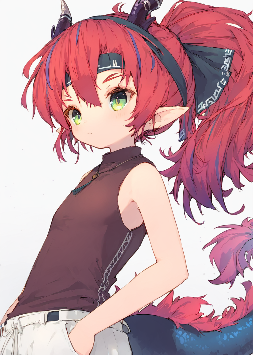 <lora:nep250131:1>,nep,boy,<lora:Yu250127:1>,yu_\(arknights\),green eyes,red hair,pointy ears,multicolored hair,dragon horns,ponytail,dragon tail,streaked hair,headband,sleeveless shirt,white pants,<lora:NOOB_vp1_detailer_by_volnovik_v1:1>,<lora:noobai_ep11_stabilizer_v0.138_fp16:1>,