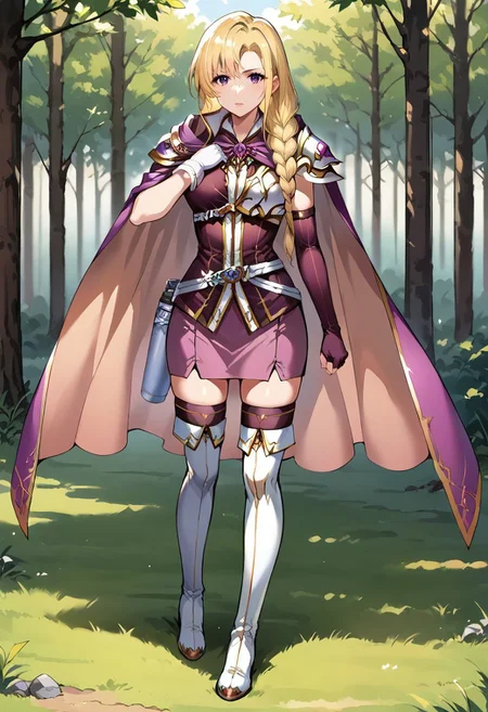 1girl, solo, alone, score_9, score_8_up, score_7_up, masterpiece, high quality, source_anime, very detailed, 

LosFE, blonde hair, long hair, single braid, purple eyes, purple sleeveless shirt, chest guard, single shoulder pad, two-tone cape, mismatched gloves, uneven gloves, white belt, pink skirt, purple thighhighs, white thigh boots, white footwear, zettai ryouiki, single elbow glove, hair over shoulder, thighhighs under boots, fingerless gloves, miniskirt, gold trim, 

full body, facing forward, standing,

forest, field, clearing, 