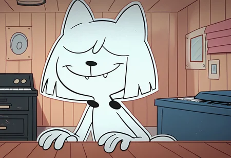 score_9, score_8_up, score_7_up BREAK QatTM, 1girl, anthro cat, white fur, white ears, black nose, hair-covered eyes, unseen eyes, white bobcut, fangs, tail, smiling, garage indoors, garage background, playing the piano,