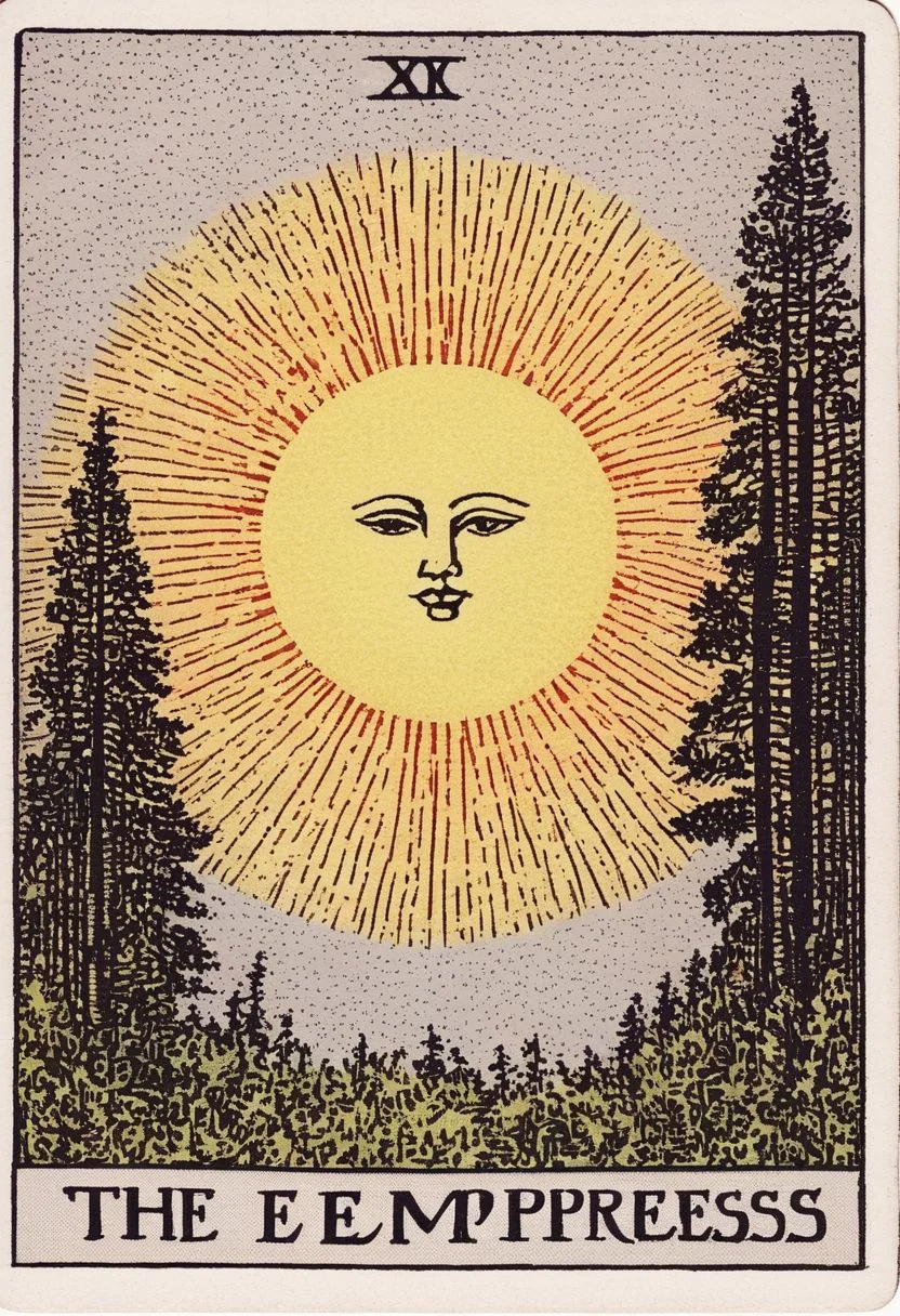 tarot card, sun, star, moon, the empress, forest, trees, woodcut illustration, intricate, vintage, textured paper,