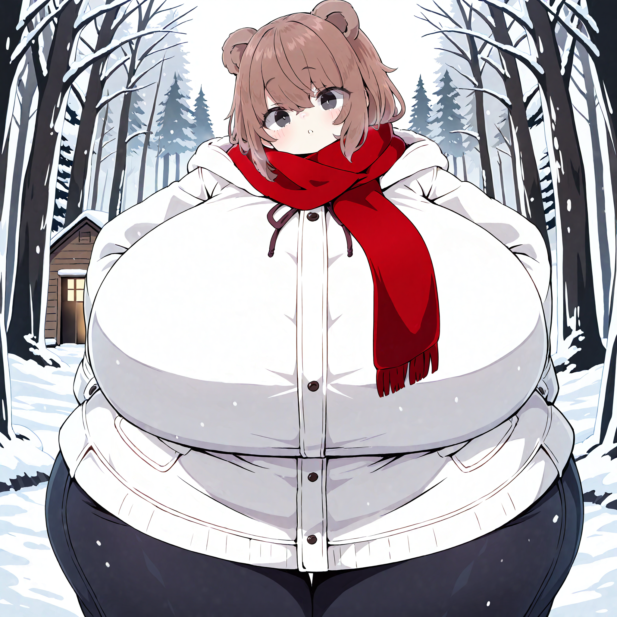 (masterpiece), best quality, (highly detailed), 1female, solo, <lora:KonbuLatte_style_Illustrious:0.8>, bear ears, brown hair, black eyes, gigantic breasts, wide hips, white winter coat, pants, fitting clothes, forest, snow, cabin, red scarf, looking at viewer, blank expression,
