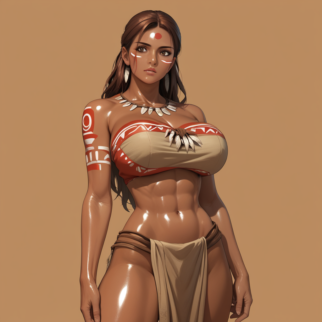 score_9_up, score_8_up, score_7_up, high resolution, high quality, masterpiece, ultra detailed, knva, concept art, knee-up shot, Glade background, triba1gir1XL,,  1girl, dark skin, shiny skin, huge breasts, hourglass figure, brown hair, slicked back hair, long hair, brown eyes, red tribal_tattoo, beige tribal clothes, red face markings