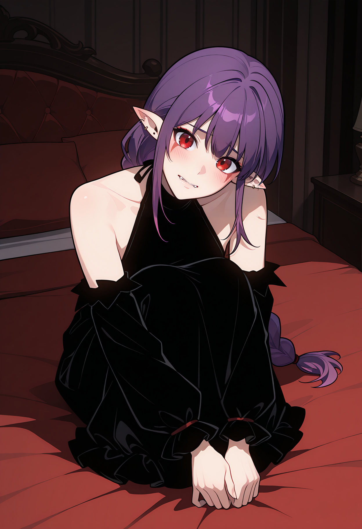 highres, best quality, masterpiece, indoors,
1girl, solo, slresil, long hair, purple hair, red eyes, pointy ears, braided ponytail, earrings, ear piercing, facial mark, fangs,
black dress, flat color clothes, halterneck, bare shoulders, sleeveless, detached sleeves,
looking at viewer, blush, head tilt,
fetal position, on bed, red bed, full body,
<lora:_esil_radiru-elesico-ilxlMd-000018:1>