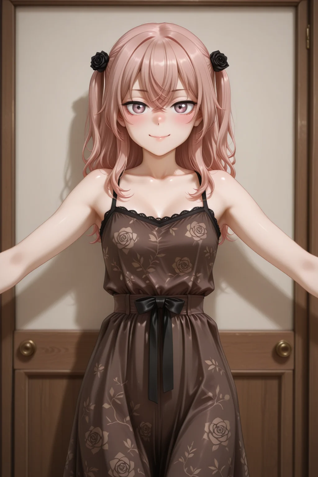 masterpiece, best quality, amazing quality, 1girl, solo, makeup, general, looking at viewer, blush, cowboy shot, smile, boutique, indoors, fancy, blush, lovely, spread arms, looking at viewer, <lora:sajuna-inui-s1-illustriousxl-lora-nochekaiser:1>, sajuna inui, inui sajuna, long hair, bangs, hair ornament, hair between eyes, pink hair, pink eyes, two side up, crossed bangs, black flower, black rose, mature female, small breasts, <lora:Mocha_Petal_Dress:1>, Mocha_Petal_Dress, dress, bare shoulders, sleeveless, bare arms, floral print, spaghetti strap, brown dress, shiny clothes, long dress, <lora:wai-2Rectified-V140:1>, <lora:illustrious_noobai_epsilon_pred_1_masterpieces_v1:1>
