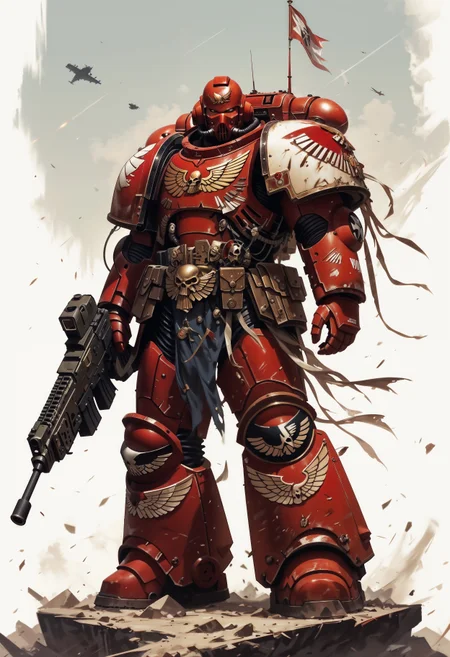 (score_9, score_8_up), score_7_up, <lora:PonyBloodA40K:0.8> BloodA40K, full body, power armor, highly detailed helmet, face mask, holding assault rifle, in a battlefield
