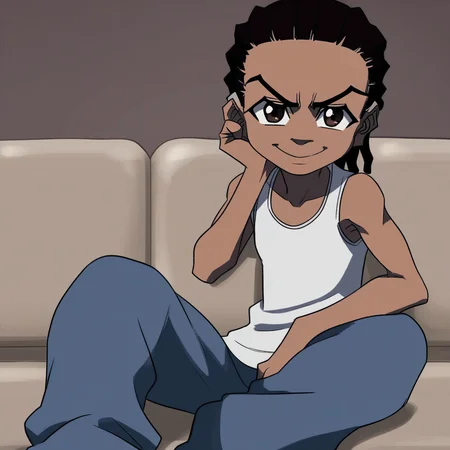 score_9, solo, riley_f, 1boy, dark-skinned male, black hair, dreadlocks, brown eyes, tank top, pants, sitting, sofa, smile, cute, looking at viewer