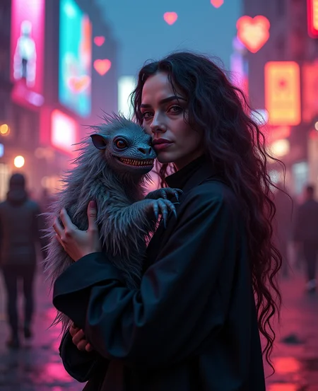imagine an image in the style of cinematic photorealism. hyper realistic photo of a (Bellatrix Lestrange kuddling with a cryptid:1.9), neon square with floating billboards, whimsical fantasy style concept, ultra sharp, exquisite detail, flawless composition, vivid colors, masterpiece, exciting background, realism, fluid colors, dreamy washes, delicate textures, organic shapes, atmospheric depth, romantic aesthetic, glowing hearts floating in the air
