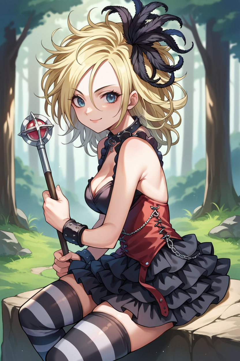score_9, score_8_up, score_7_up, score_6_up, source_anime, 1girl, solo  <lora:dqsetia-pdxl-nvwls-v1-000005:1> dqSetia, blonde hair, curly hair, feather hair ornament, collar, black dress, cleavage, frilled dress, red corset, black and white thighhighs, striped thighhighs, bracelets, holding staff, forest, looking at you, from side, smile