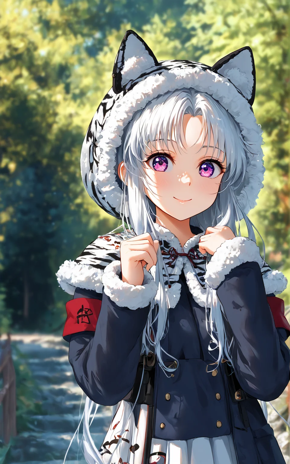 score_9,score_8_up,score_7_up,,source_anime BREAK, 1girl, solo,, s1_dram, , upper body, smile,, ,acc, default, 1girl, binoculars, solo, sleeves past wrists, fur trim, hood, sleeves past fingers, pantyhose, long hair, long sleeves, closed mouth, fur-trimmed sleeves, blurry, animal hood, red eyes,white pantyhose, outdoors, tiger print, parted bangs, blurry background, fur-trimmed hood, looking at viewer, animal ears, armband, white hair, purple eyes, stairs, fake animal ears, capelet, hood up, depth of field, animal print, coat, very long hair, jacket, fur-trimmed capelet, day<lora:S1_Dramatic_Lighting_v2:0.8>,<lora:é¿æ¥:1>