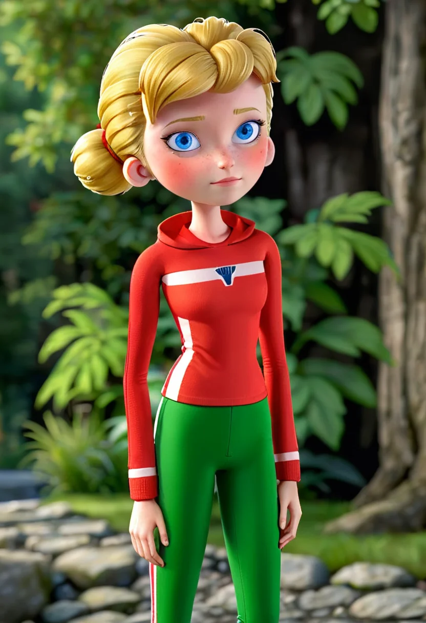 masterpiece, best quality, ultra_detailed, highres, absurdres, 1girl, <lora:penny_gadget_2015_xl_v2-000001:1> pennyg2015, blue eyes, blonde hair, hair bun, bare hands, red striped shirt, green pants, knee pads, (light smile:0.35), full body, solo, alone, toon \(style\), ultrahigh resolution textures