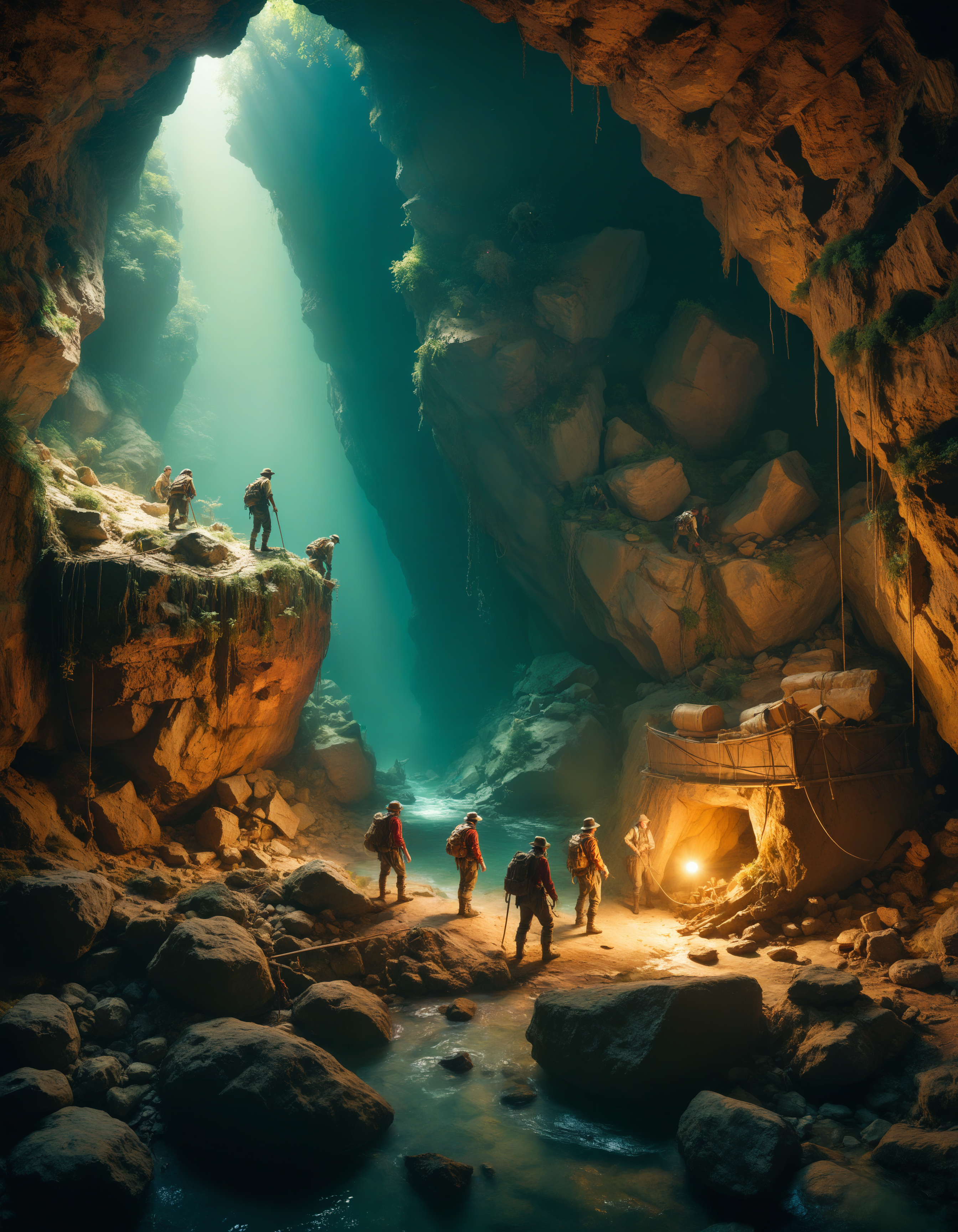 by Ivan Aivazovsky and Barbara Stauffacher Solomon, hyper realistic full view photo of  a (group of brave adventurers exploring a hidden treasure-filled cave guarded by ancient traps:1.1),  (cluttered , iconic , blank , sparkling , masterful:1.4), bold lines, hyper detailed, award winning, limited color palette, high contrast, depth of field, (intricate details, masterpiece, best quality:1.4)
dramatic cinematic lighting, film grain, looking at viewer, dynamic pose, wide angle panoramic view,
<lora:add-detail-xl:0.5> <lora:xl_more_art-full_v1:0.5> <lora:looking_at_viewer:2>