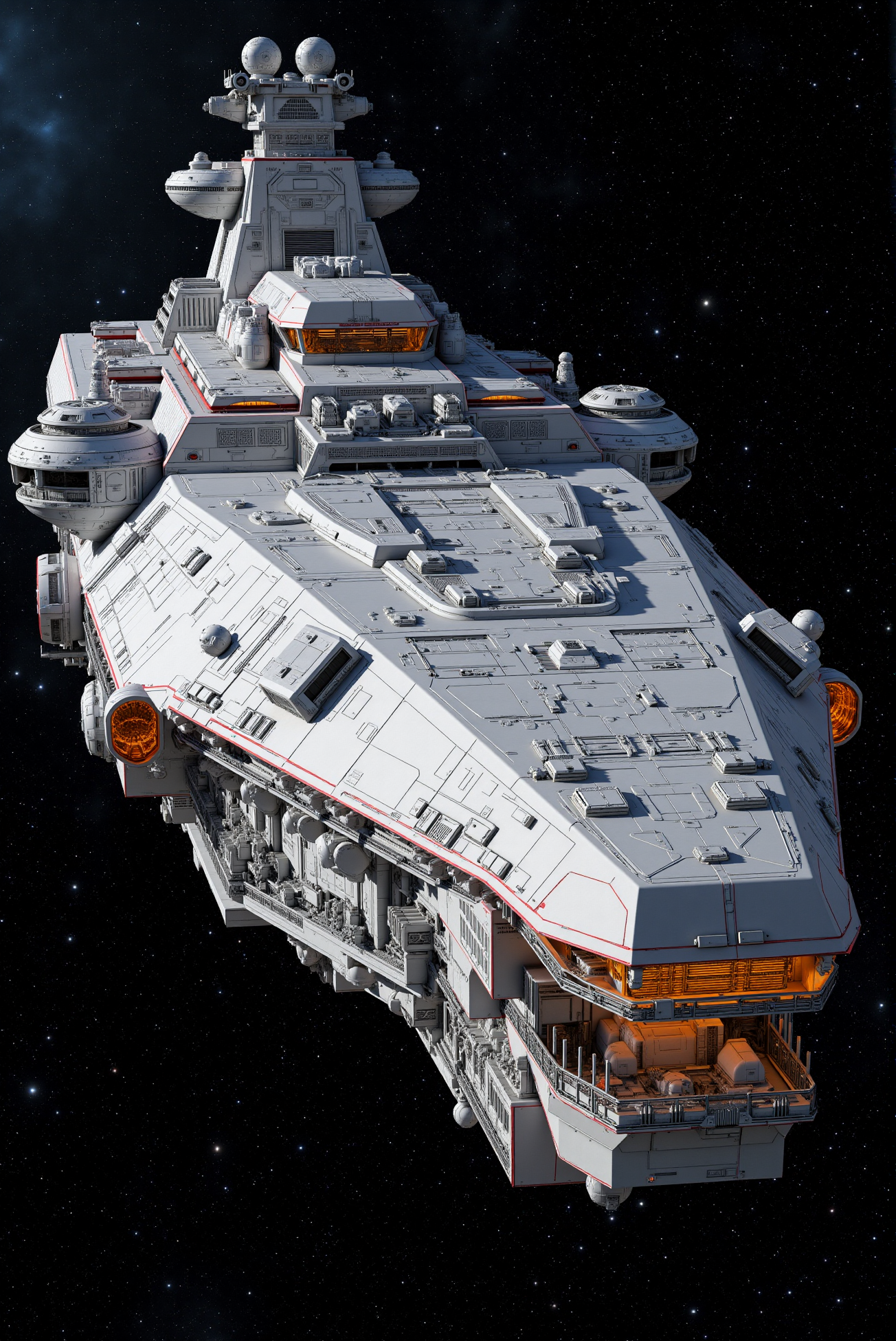 <lora:SpaceCraft_v.5:0.8> SPCCRFT style.
A high-ranking fleet capital ship in polished glacier-white and ember-red accents, set against a densely populated starfield, built with a fortress-like command tower, retractable shielding arrays, and a layered underbelly of weapon decks; the surface features micro-detail ridging, cooling latticeworks, sensor domes, and launch silos, with inner maintenance bays glowing amber-orange beneath outer armor flanges; the composition captures the ship banking into orbit, using a three-quarter perspective to showcase its mass and complexity with cinematic clarity.