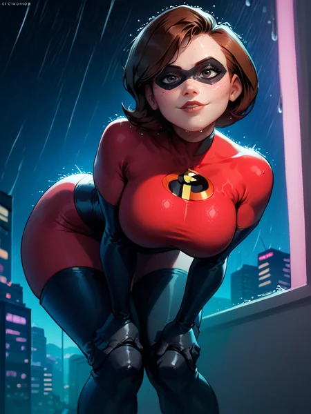 core_9, score_8, score_7,Helenwaifu, 1girl, breasts, short hair, big breasts, low angle, leaning, forward, light smile, look at viewer, forwards,bent, knees, domino mask, standing, brown hair, thighhighs, gloves, boots, parted lips, black gloves, elbow gloves, lips, bodysuit, thigh boots, freckles, latex, superhero, latex gloves ,tidy bedrrom, small room, cramped bedroom, cyberpunk city view out of the window, neon light, purple neon lights, rain, rain outside, rain on the window,<lora:Helen_character:1> ,<lora:add-detail-xl:1>, <lora:HandFixer_pdxl_Incrs_v1:0.5>, <lora:How_to_Talk_to_Short_People_Girl_Leaning_Forward_to_Talk:1>