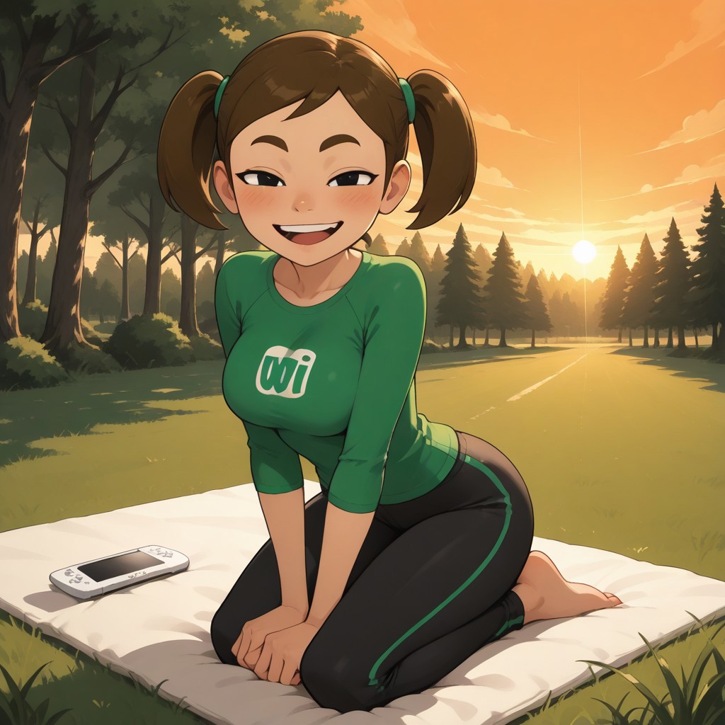 score_9, score_8, BREAK, solo, wii, mii, 1girl, female mii, wii sports, black eyes, brown eyebrows, blush, open mouth, dark brown hair, twintails, dark green clothing, black pants, barefoot, cute, breasts, MidoriWSR, nintendo Mii, modern_mii, classic_mii, playful face, thin, skinny, tall, adult female, mature female, sexy pose, self portrait, smile, looking at viewer, outdoors, sunlight, shadows, evening lighting, natural lighting, forest, trees, grass, orange sky, sunset