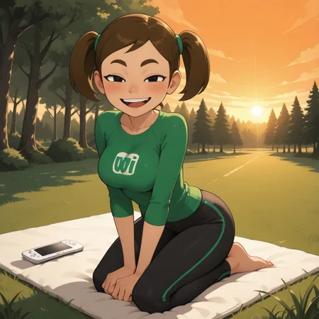 score_9, score_8, BREAK, solo, wii, mii, 1girl, female mii, wii sports, black eyes, brown eyebrows, blush, open mouth, dark brown hair, twintails, dark green clothing, black pants, barefoot, cute, breasts, MidoriWSR, nintendo Mii, modern_mii, classic_mii, playful face, thin, skinny, tall, adult female, mature female, sexy pose, self portrait, smile, looking at viewer, outdoors, sunlight, shadows, evening lighting, natural lighting, forest, trees, grass, orange sky, sunset