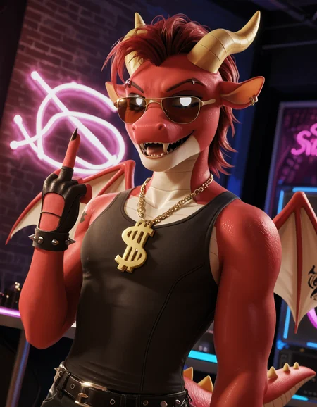 score_9, score_8_up, score_7_up BREAK source_furry, rating_safe, SSAO, detailed, detailed shadows, ambient occlusion, cinematic lighting, particles, graffiti, ray tracing, reflections, decals, masterpiece, best quality, ultra realistic, detailed eyes, 4k, 2k, film photography, RAW photo, photorealistic, analog style, subsurface scattering, photorealism, perfect eyes, perfect teeth, <lora:add-detail-xl:3.0>, <lora:sinfully_stylish_SDXL.safetensors:1.0>, <lora:AdvancedEnhancerXLv2.safetensors:1.0>, dutch angle, detailed eyes, (detailed background:1.2), anthro, <lora:Simon_Smoke_Poppy_Playtime.safetensors:0.9>, s1mon_sm0ke, 1boy, male, young, cute, dragon, scalie, horns, wings, solo, colored sclera, tail, open mouth, fangs, no humans, upper body, dollar sign necklace, looking at viewer, red hair, black sclera, big white eyes, full white pupil, black claws, eyebrow piercing, piercing, leather anklets with metal spikes, metal bands, clothed, outdoor, gothic style, tattoo, makeup, black pants, cross, arm behind head, gothic, tongue out, smug, fingerless gloves with metal spikes, (nightclub, nightclub background, neon lights:1.1), showing middle finger, sunglasses, close up, (pov, breast sucking, clenched teeth:1.15)