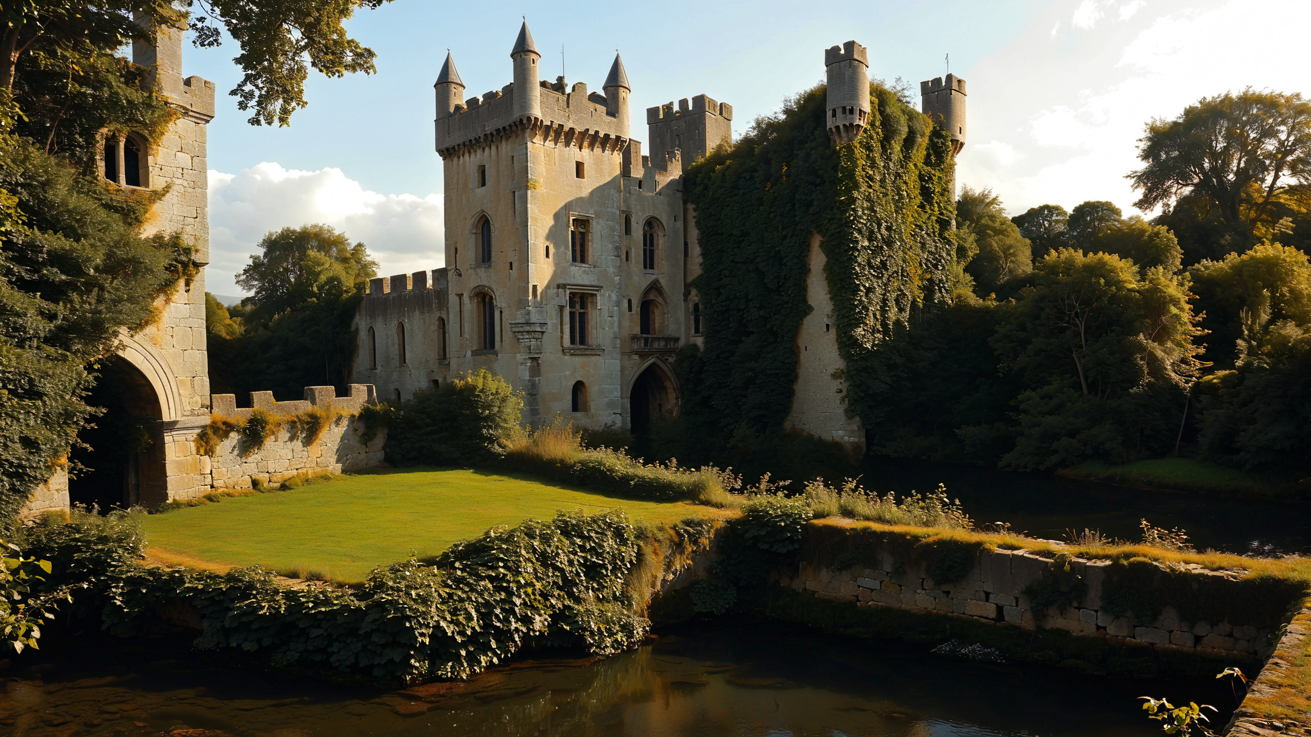 A medieval Irish castle with ivy-covered walls, where a drawbridge leads over a reflective moat,  <lora:MJ52:0.8>, Harsh Sunlight,  <lora:EnvyFeverDreamXL01a:0.7>,   <lora:The_Classic:0.8>