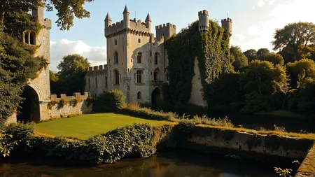 A medieval Irish castle with ivy-covered walls, where a drawbridge leads over a reflective moat,  <lora:MJ52:0.8>, Harsh Sunlight,  <lora:EnvyFeverDreamXL01a:0.7>,   <lora:The_Classic:0.8>