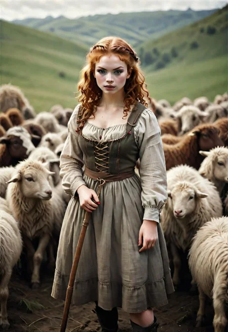 redhead, woman 18 yo, very red curly hair, ginger,
tick red eyebrows,
Analog film photograph, extremely detailed, photorealistic, professional photograph,
1girl, grrrl,
wearing homespun peasant dress,
shepherdess holding a shepherd's crook, flock of sheep,