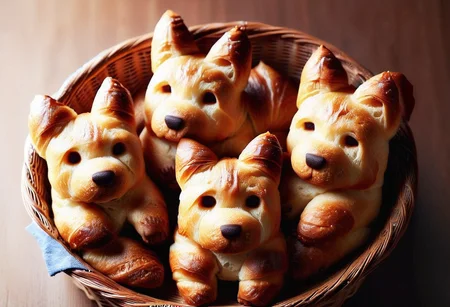 4 loaves of croissants in the shape of corgi, in a blue and white basket