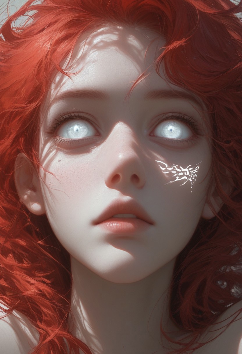 newest, safe, score_9, score_8, score_7, score_6, (masterpiece), high detail, best quality, stunning details, portrait, close up face, white eyes, glowing eyes, mouth open, glowing tattoo,
BREAK 1girl, red hair, messy hair, pale skin, perfect skin