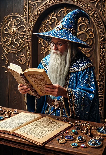 an erudite wizard reading a scroll with sigils pcb_style, high fantasy, lost in time, ancient sorcery, masterpiece, best quality