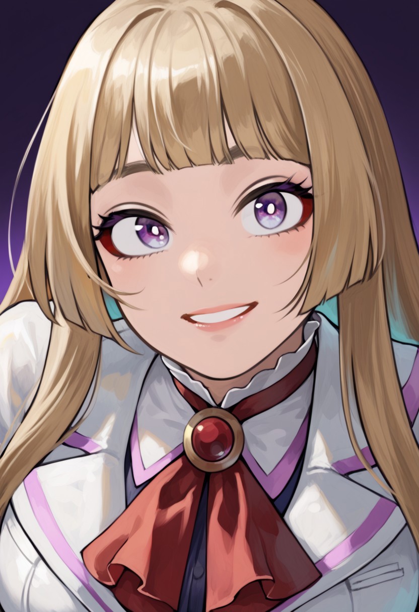 score_9, score_8_up, score_7_up, score_6_up, score_5_up, score_4_up, source_cartoon, <lora:confetti-extract- ponyxl:0.85>, detailed eyes, easynegative, rating_explicit, Expressiveh, 1girl, solo, big breasts, smiling to viewer, close up, furin
lilit5p2, long hair, hime cut, blonde hair, blunt bangs, purple eyes, makeup, eyeshadow, lips, white jacket, white skirt, frills, frilled jacket, frilled skirt, white gloves, fingerless gloves, brooch, red neckerchief,