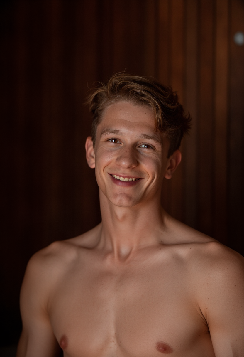A portrait of a young man with a medium skin tone and shoulder-length auburn hair pulled back into a messy bun. He is shirtless, his muscular build silhouetted against a backdrop of rich, dark wood paneling. He looks at the camera with a confident, slightly defiant smirk. His light hazel eyes catch the light dramatically. There's a faint scar across one eyebrow and a few faint freckles on his nose. A single spotlight above creates moody shadows and a dramatic atmosphere. <lora:AndroCore-1.4:1>