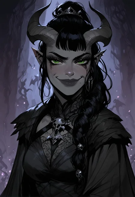 score_9, score_8_up, score_7_up, BREAK, 1woman portrait, beautiful, dramatic lights ((Succubus, Demon Girl, Succub, horns, seductive, seductive look, goth, goth girl, goth makeup, green eyes, wings, bat wings grey skin, grey colored skin, black hair, long braided ponytail, bangs, side bangs, happy, smug))
<lora:Fant5yP0ny:0.6> <lora:fantasy_world_pony:0.9>
<lora:Cherry-Gig:0.55>