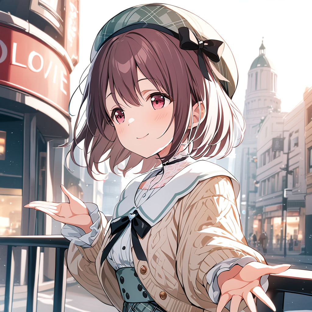 masterpiece,ibukinagisa,1girl,solo,idolylove dress,idolylove beret,looking away,outstretched hand,idolylove cardigan,smile,upper body,from side,standing,closed mouth,<lora:ibukinagisa:0.8>,outdoor,CITY,